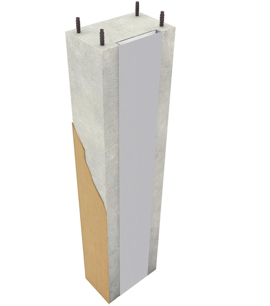 A concrete column supported by a wooden base, integrated with a Startabox unit for future concrete pouring and finishing