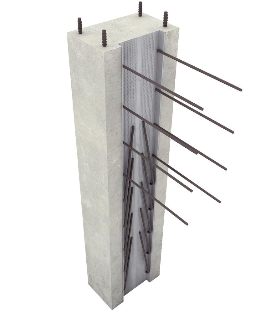 A concrete column featuring multiple metal rods affixed to its surface, showcasing structural reinforcement