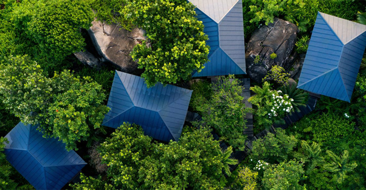 Aerial view of a green forest featuring several blue huts among the trees.