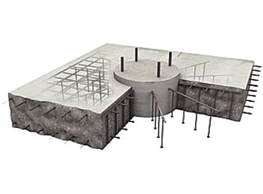 A detailed 3D representation of a building with solid concrete walls